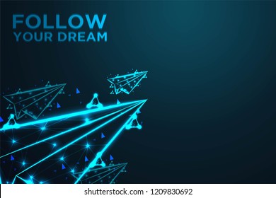 flying paper plane, follow your dream, Abstract shark form lines and triangles, , Abstract wire low poly, Polygonal wire frame mesh looks like constellation on dark blue night sky with dots and stars