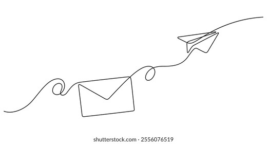 flying paper plane and letter envelope one line drawing continuous minimalism