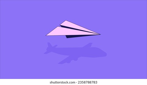 Flying paper plane lo fi aesthetic wallpaper. Shadow of plane. Origami hobby. Traveling 2D vector cartoon object illustration, purple lofi background. 90s retro album art, chill vibes