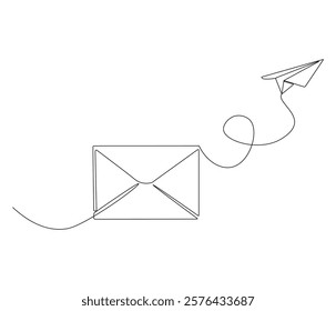 flying Paper plane and mail. One continuous line drawing mail of paper. Symbol of business. Editable stroke. Doodle line illustration