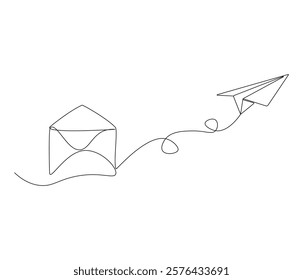 flying Paper plane and mail. One continuous line drawing mail of paper. Symbol of business. Editable stroke. Doodle line illustration
