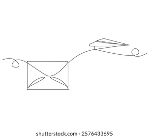 flying Paper plane and mail. One continuous line drawing mail of paper. Symbol of business. Editable stroke. Doodle line illustration