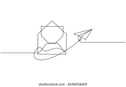 Flying Paper plane and mail. One continuous line drawing mail of paper. Symbol of business, Editable one line flying paper airplane and mail. Concept of sending emails outline.