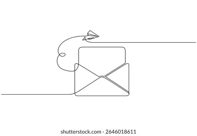 Flying Paper plane and mail. One continuous line drawing mail of paper. Symbol of business, Editable one line flying paper airplane and mail. Concept of sending emails outline.