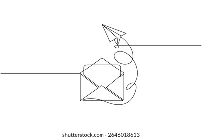 Flying Paper plane and mail. One continuous line drawing mail of paper. Symbol of business, Editable one line flying paper airplane and mail. Concept of sending emails outline.