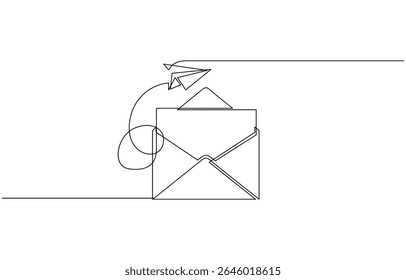 Flying Paper plane and mail. One continuous line drawing mail of paper. Symbol of business, Editable one line flying paper airplane and mail. Concept of sending emails outline.