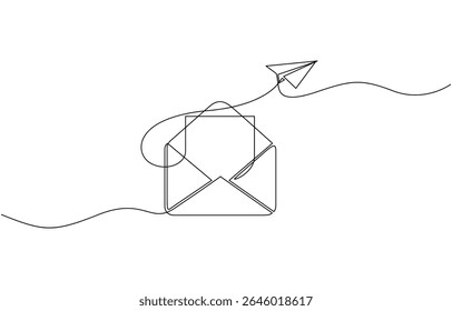Flying Paper plane and mail. One continuous line drawing mail of paper. Symbol of business, Editable one line flying paper airplane and mail. Concept of sending emails outline.