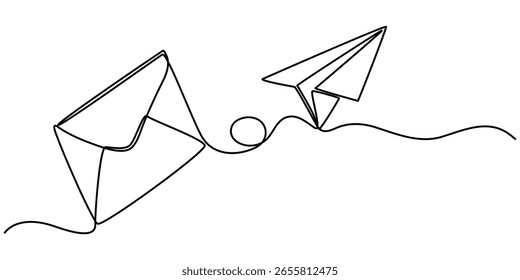 Flying Paper plane and mail. One continuous line drawing mail of paper. Symbol of business, Editable one line flying paper airplane and mail. Concept of sending emails outline.