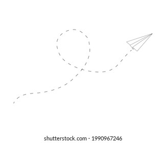 Flying paper plane with path dashed line. Origami airplane linear icon. Delivery, communication, travel sign. Vector illustration.