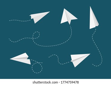 Flying paper planes. Airplane paths, white aircrafts vector collection