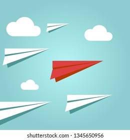 Flying paper planes on the blue sky with clouds. Career, growth or leadership concept. Travel, vacation, holidays or migration concept. Air mail, post letter, delivery service or e-mail vector concept
