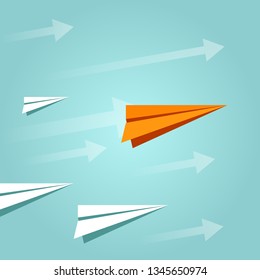 Flying paper planes on the blue sky with arrows. Career, growth or leadership concept. Travel, vacation, holidays or migration concept. Air mail, post letter, delivery service or e-mail vector concept