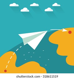 Flying paper planes on the blue sky with clouds. Career, growth or leadership concept. Travel, vacation, holidays or migration concept. Air mail, post letter, delivery service or e-mail vector concept