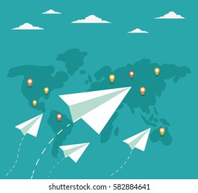 Flying paper planes on the blue sky with clouds over world map. Travel, vacation, air mail, post letter, delivery service or e-mail vector concept