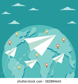 Flying paper planes on the blue sky with clouds over world map. Travel, vacation, air mail, post letter, delivery service or e-mail vector concept