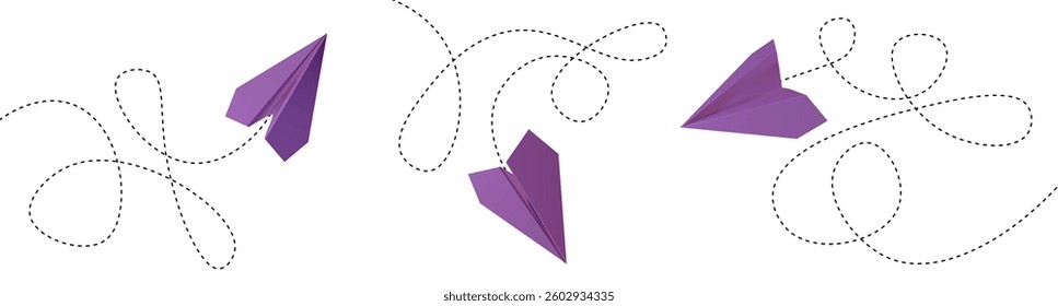 Flying paper planes set isolated on white background. Vector realistic illustration of purple origami aircraft with dotted line map, message, mail, travel app symbols moving in different directions