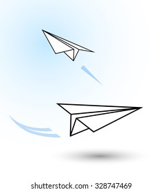 Flying a paper planes. Vector linear drawing, 