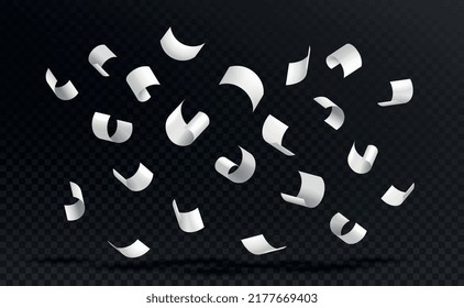 Flying paper set. Collection of white sheets on copy space. Confetti and holiday decoration. Party, festive and event. Cartoon realistic vector illustrations isolated on transparent background