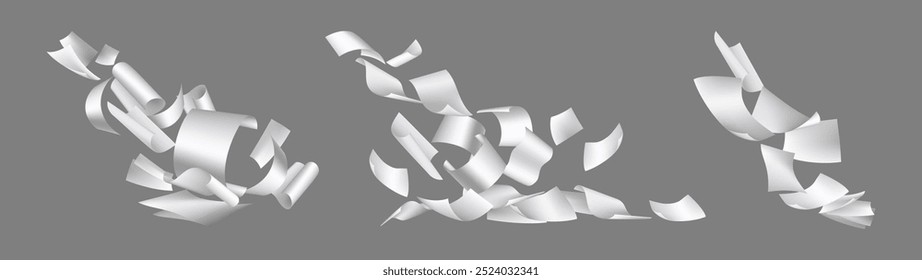 Flying paper sheet in different angles of view, isolated cellulose fibers products in motion. Vector realistic blank pages in air. Falling document mockup. Empty note and leaflet chaotic floating