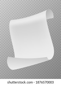 Flying paper sheet falling down with curved corners. Realistic volant blank white paper, scattered empty note, clean office document in air mockup, vector isolated on transparent background template