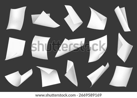 Flying paper sheets. Curve blank white papers float in air and fall. 3D realistic A4 letter office document, note pages blow wind, scatter sheets. Vector isolated mockup.