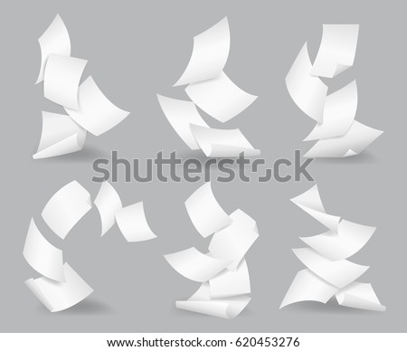 Flying paper sheets. Document blank business, white page, design bureaucracy, object fly, vector illustration