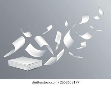 Folhas de papel voadoras e ilustração vetorial de pilha de documentos - documentos de escritório, formulários de negócios, páginas dispersas, impressões e documentos flutuantes para apresentações e modelos.