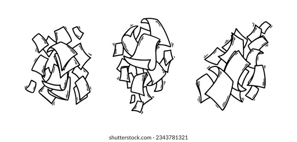 Fliegende Papierblätter im Doodle-Stil. Handgezeichnete leere Dokumentseiten. Fallende Dateien von Dokumenten. Bürogeschäft, Vektorgrafik