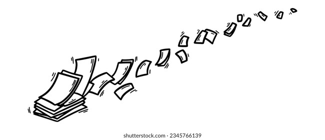 Hojas de papel voladoras en forma de doodle. Dibujar a mano páginas de documentos en blanco. Retirando archivos de documentos. Ilustración horizontal de vector de negocio de oficina.