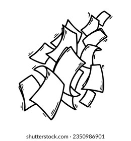 Flying paper sheets in doodle style. Hand drawn blank document pages. Falling files of documents. Office business vector illustration