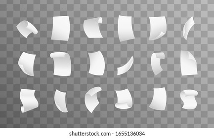 Flying paper sheets. Isolated on transparent background.  Realistic 3d Detailed White Blank Empty Flying Papers.