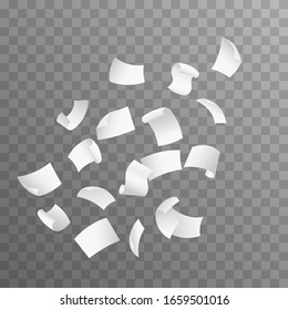 Flying Paper Sheets. Isolated On Transparent Background.  Realistic 3d Detailed White Blank Empty Flying Papers.