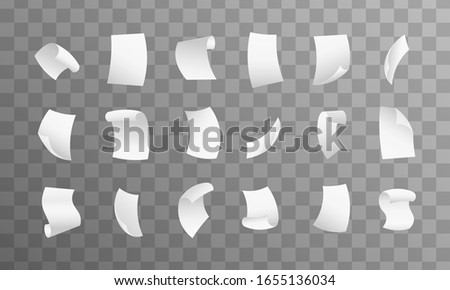 Flying paper sheets. Isolated on transparent background.  Realistic 3d Detailed White Blank Empty Flying Papers.