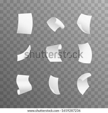 Flying paper sheets. Isolated on transparent background.  Realistic 3d Detailed White Blank Empty Flying Papers.