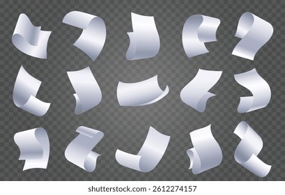 Flying paper sheets. Realistic white paper sheets isolated on transparent background vector illustration