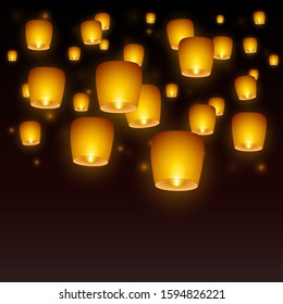 Flying paper sky lanterns with flame at night sky. Traditional design elements. 