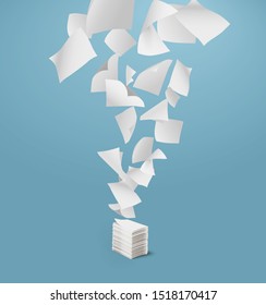 Flying paper and stack of papers on blue background.