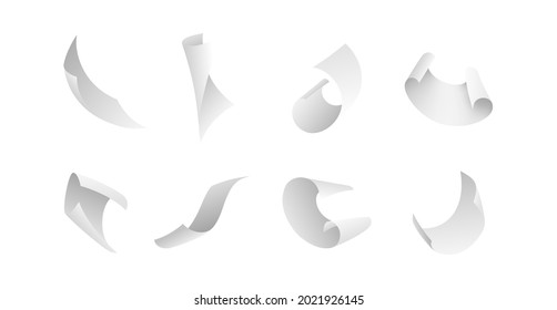 Flying papers. Blank white 3D paper sheet falling down. Curved corners pages flight different angles view with shadows. Scattered empty sheets. Office documents vector realistic isolated set