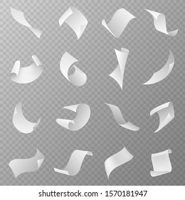 Flying Papers. Blank White Paper Sheet Falling Down With Curved Corners. Pages In Loose Flight, Scattered Empty Sheets Realistic Vector Fly Document Paperwork Set