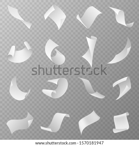Flying papers. Blank white paper sheet falling down with curved corners. Pages in loose flight, scattered empty sheets realistic vector fly document paperwork set