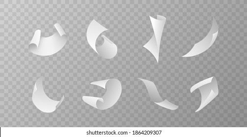 Flying papers set. Blank white paper sheet falling down different angles, scattered notes with curved pages corners, realistic clean empty office documents in air mockup, 3d vector isolated template