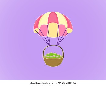 Flying parachute carrying lots of coconuts. skydiving vector