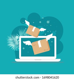 Flying parcels with wings on computer screen. Fast delivery concept. Online order, web shopping. box, package, transportation, container. Receive, send and transfer products.  Vector flat illustration