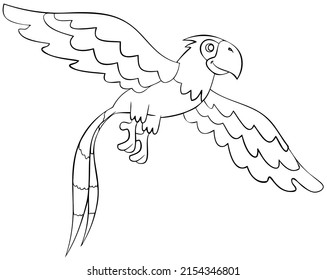 Loro volador. Elemento para colorear página. Estilo de caricatura.
