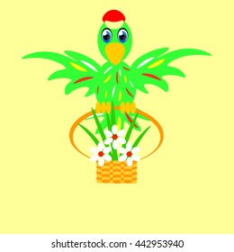 flying parrot holds in paws a basket with flowers