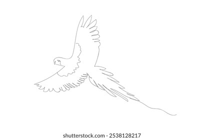 Flying parrot. One line continuous abstract conception of tropical bird. Line art, outline, silhouette, vector illustration. Hand made vector not AI