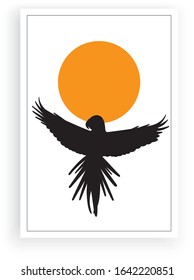 Flying parrot silhouette on sunrise or sunset, vector. Scandinavian minimalist art design. Flying bird illustration. Wall art, artwork, poster design
