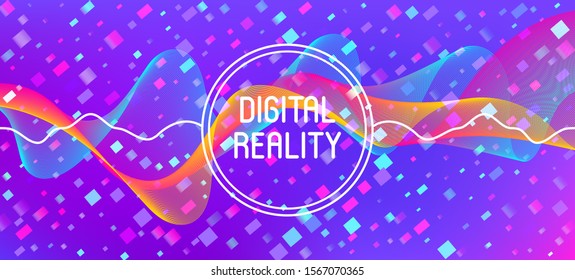 Flying Particles Distressed Purple Vector. 3D Fluid Shapes Poster. Big Data Neon Wallpaper. Data Analytics Cool Banner. 