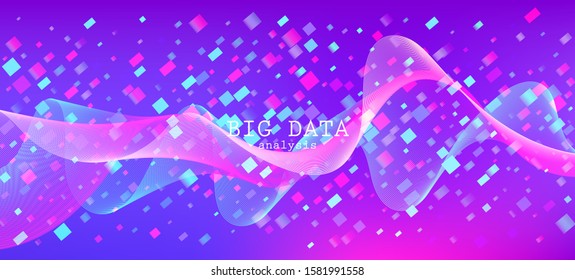 Flying Particles Distressed Purple Vector. Pink Blue Purple Futuristic Gradient Overlay. 3D Fluid Shapes Poster. Big Data Neon Background. Data Analytics Cool Banner. Punk Geometric Background.