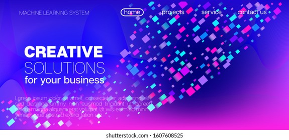 Flying Particles Distressed Purple Vector. Pink Blue Purple Futuristic Gradient Overlay. Big Data Neon Background. 3D Fluid Shapes Poster. Data Stream Minimal Banner. Cyber Geometric Background.